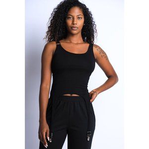 Women's Sleeveless Suspend Detail Scoop Neck Casual Black White Solid Comfy Top